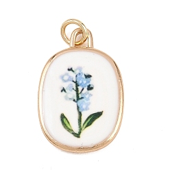 Синий Латунь эмаль подвески, овал с цветочными подвесками, золотой свет, синие, 27x18x3.5 мм, Перейти кольцо: 6x1 мм, 4 мм внутренним диаметром