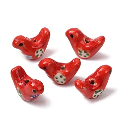 Red Handmade Printed Porcelain Beads, Pigeon, Red, 12.5~13x17~19x7~8.5mm, Hole: 1.5mm
