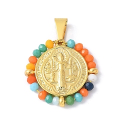 Разноцветный 304 подвески из нержавеющей стали, со стеклянными бусинами, ионное покрытие (ip), плоский круглый с шалфеем, реальный 18 k позолоченный, красочный, 27.5x28x3.5 мм, отверстие : 8x4 мм