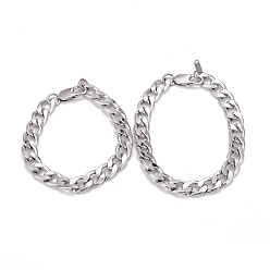 Stainless Steel Color Tarnish Resistant 304 Stainless Steel Curb Chains Bracelets, Couple Bracelets, Stainless Steel Color, 8-1/8 inch(20.5cm), 9-1/8 inch(23cm), 2pcs/set