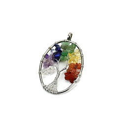 Oval Древо жизни из натуральных и синтетических драгоценных камней с подвесками в металлической проволоке, платина, овальные, 50 мм