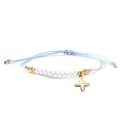 Алиса Синий 304 из нержавеющей стали крест шарм браслеты, Регулируемые браслеты из латуни и круглых бусин из искусственного жемчуга для женщин., Алиса Блю, 11.02 дюйм (28 см)