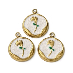 Золотой 304 нержавеющей стальной эмали подвески, плоская круглая с подвеской в виде цветка, ионное покрытие (ip), золотые, 17.5x15x2.5 мм, отверстие : 1.8 мм
