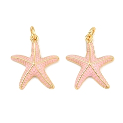 Pink Brass Enamel Pendants, Starfish Charms, Real 18K Gold Plated, Pink, 20.5x18x3.5mm, Hole: 3.5mm