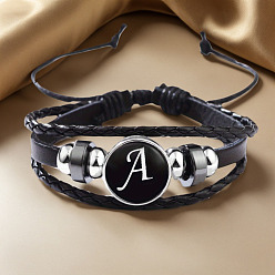 Letter A Регулируемые многослойные браслеты из искусственной кожи, браслеты из латунных стеклянных бусин, плоские круглые с буквы, платина, буква a, 7-1/8~9-1/8 дюйм (18~23 см)
