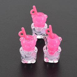 Темно-Розовый Подвески из смолы, с полимерной глиной внутри, имитация пузырчатого чая, с акриловой чашкой, медведь, темно-розовыми, 27.5~29.5x14x13 мм, отверстие : 1.8 мм