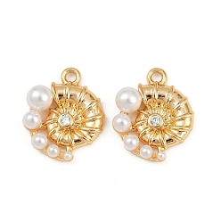 Настоящее золото 18K Латунные микро проложить кубического циркония подвески, подвески в форме ракушек, с искусственными жемчужинами и петлями из АБС, долговечный, без никеля , реальный 18 k позолоченный, 15x12x5 мм, отверстие : 1.4 мм