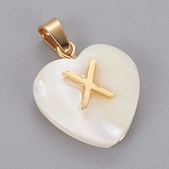 Letter X Shell Anhänger, mit 304 Edelstahl Zubehör, Herz mit Brief, golden, letter.x, 23.5x20x7 mm, Bohrung: 3.5x7 mm