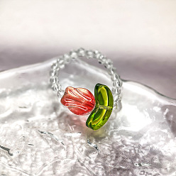 Red Handmade Lampwork Beaded Finger Rings, Stretch Rings for Women, Tulip, Red, 17mm