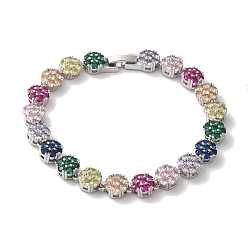 Разноцветный Браслеты-цепочки с цветочным звеном из латуни и циркония для женщин, без свинца и без кадмия, платина, красочный, 7-1/2 дюйм (19 см)
