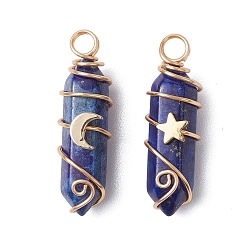 Ляпис-Лазурь 2шт. 2 стили натуральный лазурит двойные заостренные подвески, подвески в виде луны и звезды из латуни с медной проволокой, золотой свет, 35.5~36.5x11x11.5~13 мм, отверстие : 3.5~4 мм, 1 шт / стиль