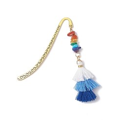 Средно-синий Закладки с крючками из сплава, Подвески-закладки с кисточками из натурального и синтетического драгоценного камня «чакра» и поликоттона, светло-синий, 82.5 мм