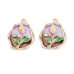 Сливовый Латунная эмаль и натуральный жемчуг овальные с подвесками в виде цветка розы, с четким кубического циркония, реальный 18 k позолоченный, слива, 21.5x17.5x5 мм, отверстие : 1.6 мм