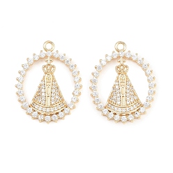 Chapado en Oro Real 18K Colgantes religiosos de latón con micropavé de circonitas cúbicas transparentes, Oval con dijes de Nossa Senhora Aparecida., real 18 k chapado en oro, 24x19x3.5 mm, agujero: 1.6 mm