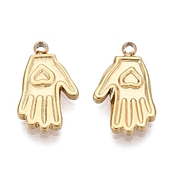 Real 18K Gold Plated 304 Stainless Steel Charms, Palm with Heart Charms, Ion Plating(IP), Polished, Real 18K Gold Plated, 12.5x7.5x1.5mm, Hole: 1~1.2mm