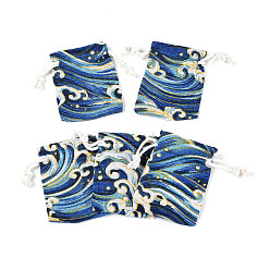 Королевский синий Мешковины упаковочные пакеты, шнурок сумки, прямоугольник с узорами морских волн, королевский синий, 9x7x0.5 см