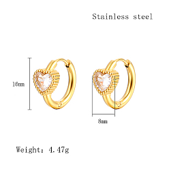 Сердце Серьги-кольца с кубическим цирконием, настоящие 18k позолоченные 304 серьги из нержавеющей стали, сердце, 16x8 мм