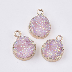 Pink Electroplate Druzy Resin Pendants, with Iron Findings, Flat Round, Light Gold, Pink, 17~18.5x13x6mm, Hole: 2mm