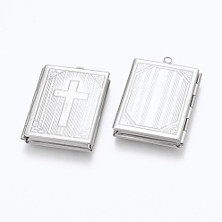 Stainless Steel Color Tarnish Resistant 304 Stainless Steel Locket Pendants, Photo Frame Charms for Necklaces, Rectangle with Cross, Stainless Steel Color, 39.5x27x5.5mm, Hole: 2mm, Inner Size: 18.5x29mm