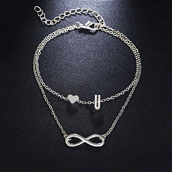 Letter U Браслеты на лодыжку из сплава с подвеской в виде сердца-бесконечности и инициалом, двухслойные, женские., платина, Буква U, 7-1/2 дюйм (190 мм)