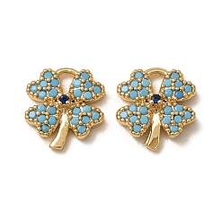 Real 18K Gold Plated Saint Patrick's Day Synthetic Turquoise Pendants, Brass Micro Pave Blue Cubic Zirconia Four-Leaf Clover Charms, Nickel Free, Real 18K Gold Plated, 10.5x9.5x2.5mm, Hole: 2.5x1.5mm