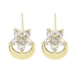 Real 18K Gold Plated Brass Pave Clear Cubic Zirconia Stud Earring, Moon & Flower, Real 18K Gold Plated, 11x9mm