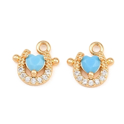 Plaqué 18K Or Véritable Breloques en laiton serties de micro-pavés de zircon cubique bleu ciel profond, fer à cheval avec breloques en forme de cœur, réel 18 k plaqué or, 10x10x2.5mm, Trou: 1.6mm