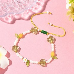 Лист Браслеты из стеклянных бусин и бусин лэмпворк для женщин, с натуральным окрашенным желтым нефритом, лист, внутренний диаметр: 2~3-3/4 дюйм (5~9.5 см)