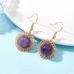 Аметист Серьги-подвески в виде цветка из натурального аметиста, с  латунными крючками для серег, золотые, 33x17.5 мм