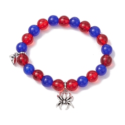 Mixed Color 2Pcs 10mm Round Natural White Jade & Red Glass & Blue Cat Eye Beaded Stretch Bracelet Sets for Lover, Halloween Spider Alloy Charm Bracelets with Heart Magnetic Clasps for Women Men, Mixed Color, Inner Diameter: 2-3/8 inch(6.1cm) and 2 inch(5.1cm)