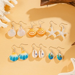 (52) Непрозрачная лаванда Серьги-подвески из сплава натуральных ракушек в форме ракушки и морской звезды, cmолой, золотые, разноцветные, 42~45x13~23 мм, 5 пар / набор
