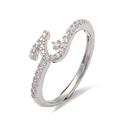 Платина Стойка с покрытием из латуни с кубическим цирконием и арабскими буквами, регулируемые кольца для женщин, без кадмия и без свинца, долговечный, платина, 7.4x7.9 мм, внутренний диаметр: 18.2 мм