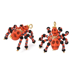 Оранжево-Красный Подвески из окрашенной синтетической бирюзы и стеклянных бусин на тему Хэллоуина, подвески в виде черепа-паука, оранжево-красный, 32x32x18 мм, отверстие : 3x2.5 мм