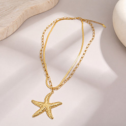 Real 18K Gold Plated Ocean 304 Stainless Steel Starfish Pendant Double Layer Necklaces for Women, Real 18K Gold Plated, 16.14 inch(41cm)