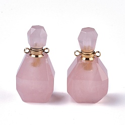 Rose Quartz Faceted Natural Rose Quartz Pendants, Openable Perfume Bottle, with Golden Tone Brass Finding, 36~37x18.5~20x13~14mm, Hole: 1.8mm, Bottle Capacity: 1ml(0.034 fl. oz)