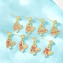 Настоящее золото 18K Серьги-гвоздики в форме сердца из латуни с прозрачным фианитом и прозрачным фианитом, с эмалью, без кадмия и без свинца, стойки покрытие, долговечный, реальный 18 k позолоченный, разнообразные, 22.5x12.5 мм