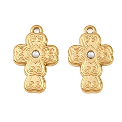Real 18K Gold Plated 304 Stainless Steel Rhinestone Pendants, Cross Charms, Ion Plating(IP), Real 18K Gold Plated, 21x13.5x2mm, Hole: 1.6mm