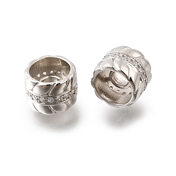 Платинированный 925 бусины из стерлингового серебра с микропаве, прозрачные бусины из кубического циркония, колонка, Реальная платина, 7x6 мм, отверстие : 2 мм