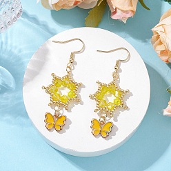 Желтый Цветок с бабочкой 304 серьги-подвески из нержавеющей стали и стеклянных бусин, с нитью из нейлоновой проволоки, сплава и эмали, золотые, желтые, 57x24 мм