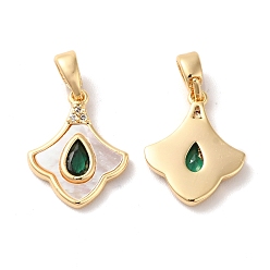Real 18K Gold Plated Brass Cubic Zirconia Pendants, with Shell, Ginkgo Leaf with Teardrop Pattern, Real 18K Gold Plated, 15x12x2mm, Hole: 2x4.8mm