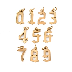 Золотой 10 шт. 304 подвески из нержавеющей стали, число 0~9, ионное покрытие (ip), золотые, 11~12x5.5~7.5x1.5 мм, Перейти кольцо: 4x0.8 мм, 3 mm внутреннего диаметра.