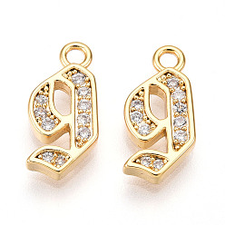 Настоящее золото 18K Латунные микро проложить кубического циркония прелести, число 9, реальный 18 k позолоченный, 13~14x4.5~8x2 мм, отверстие : 1.5 мм