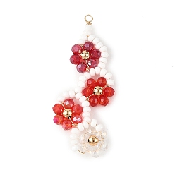 Red Baking Paint Glass Seed Beaded Big Pendants, Gradient Color Flower Vine Charms, with Glass Beads & Brass Beads & Copper Wire, Faceted, Red, 55.5x23x4.5mm, Hole: 2.5mm