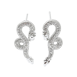 Platinum Rack Plating Brass Micro Pave Cubic Zirconia Stud Earring, Cadmium Free & Lead Free, Long-Lasting Plated, Dragon, Platinum, 27x12.5mm