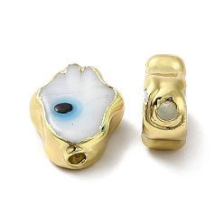 White Handmade Evil Eye Lampwork Beads, with Golden Plated  Brass Edge, Long-Lasting Plated, Hamsa Hand, White, 15~17x11.5~12.5x5~5.5mm, Hole: 1.8mm