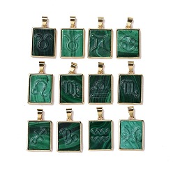 Malachite 12Pcs 12 Styles Natural Malachite Pendants, Rectangle Charms with Twelve Constellations, with Rack Plating Light Gold Tone Brass Findings, Cadmium Free & Lead Free, 22x16x3.5mm, Hole: 6x4mm, 1pc/style