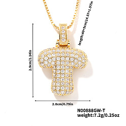 Letter T Элегантные латунные микропаве прозрачные кубические цирконии 3d начальные ожерелья, идеальный подарок для нее, золотые, Письмо T, 15.75 дюйм (40 см)