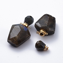 Лабрадорита Граненый натуральный лабрадорит открывающиеся подвески для флаконов духов, бутылки эфирного масла, с золотой тон 304 выводы из нержавеющей стали, 35.5~37.5x23x13.5 мм, отверстие : 1.8 мм, емкость: около 2 мл (0.06 жидких унций)