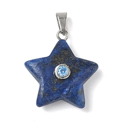 Ляпис-Лазурь Крашеные природные лазурит подвески, подвески-звезды с 201 микрофиброй из нержавеющей стали и кубическими циркониями, цвет нержавеющей стали, 21.5x20x6.5 мм, отверстие : 6x3 мм