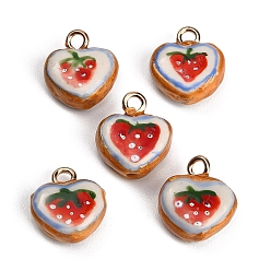 Red Handmade Porcelain with Brass Pendants, Heart with Strawberry Charms, Hand Painted, Famille Rose Porcelain, Golden, Red, 16.5~19x15.5x7mm, Hole: 2.5~3mm